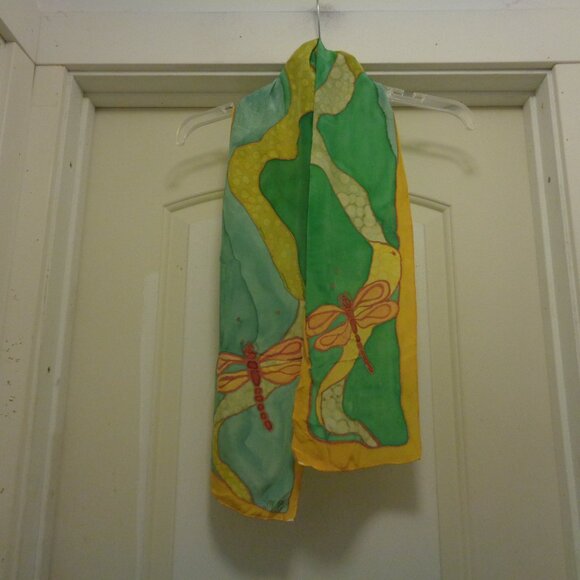 SILK RETRO HAND PAINTED DRAGONFLYS DESIGNED SCARF BY SM & PART OF 1970S …